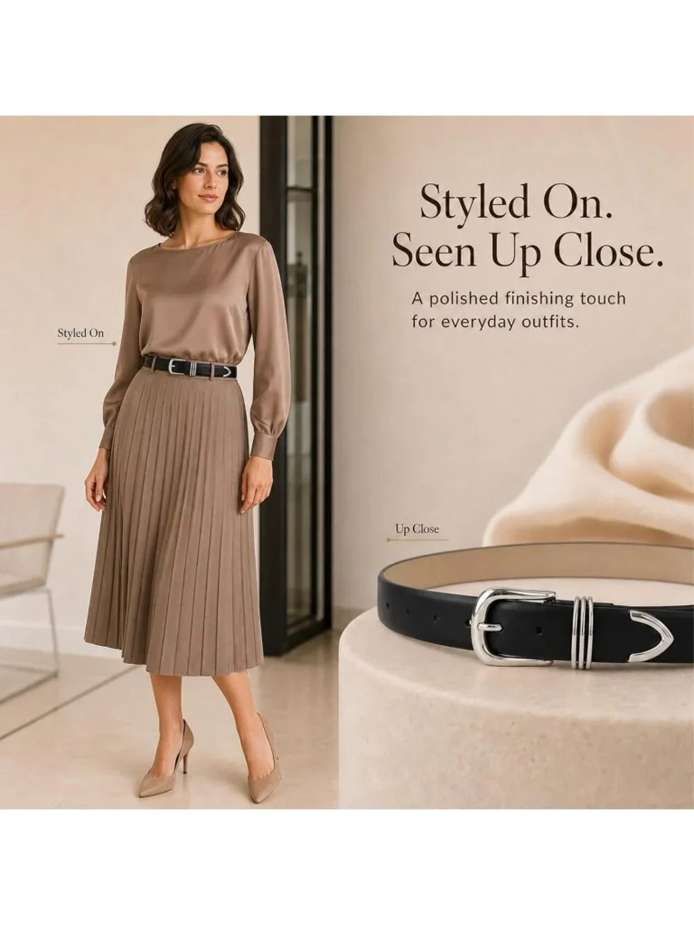 Women Black Leather Dress Belt For Jeans Pants Fashion With Classic Gold Buckle